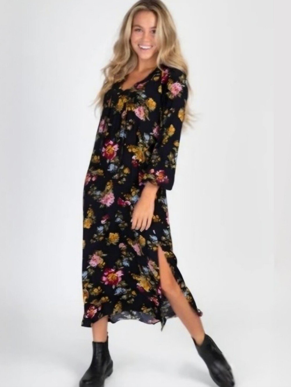 NATURAL LIFE Rowan Black Floral Print Long Sleeve Midi Dress Dark Romantic Sz M